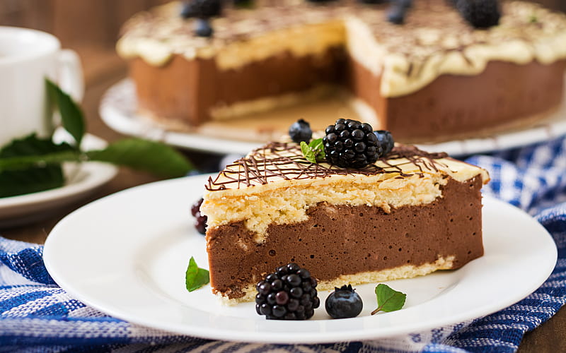 chocolate cheesecake, blackberry, cheesecake with berries, chocolate cake, cheesecake, HD wallpaper