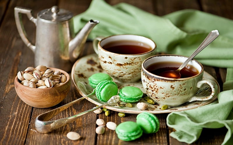 Pistachios Tea Cups and Cookies, Green, Pistachios, Cups, Cookies, Tea, HD wallpaper