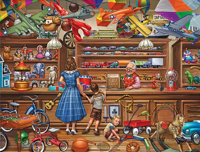 Vintage toy-store, painting, colors, fantasy, toys, HD wallpaper