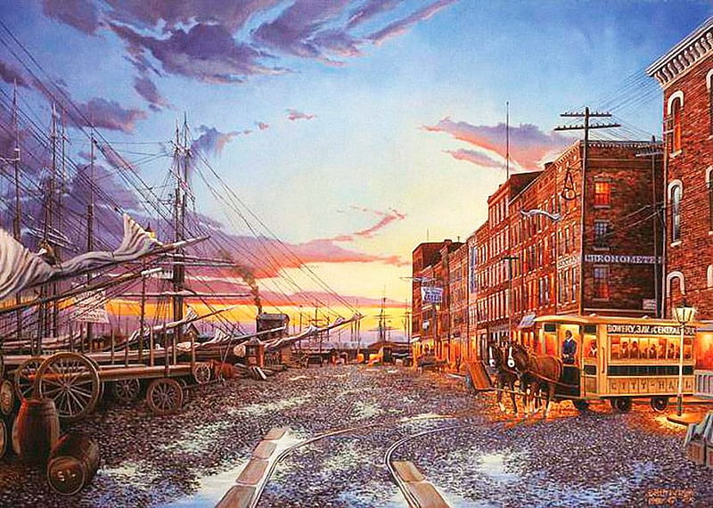 Harbor at Sunset, buildings, colors, cart, sky, clouds, sailships, artwork, horses, painting, shops, HD wallpaper