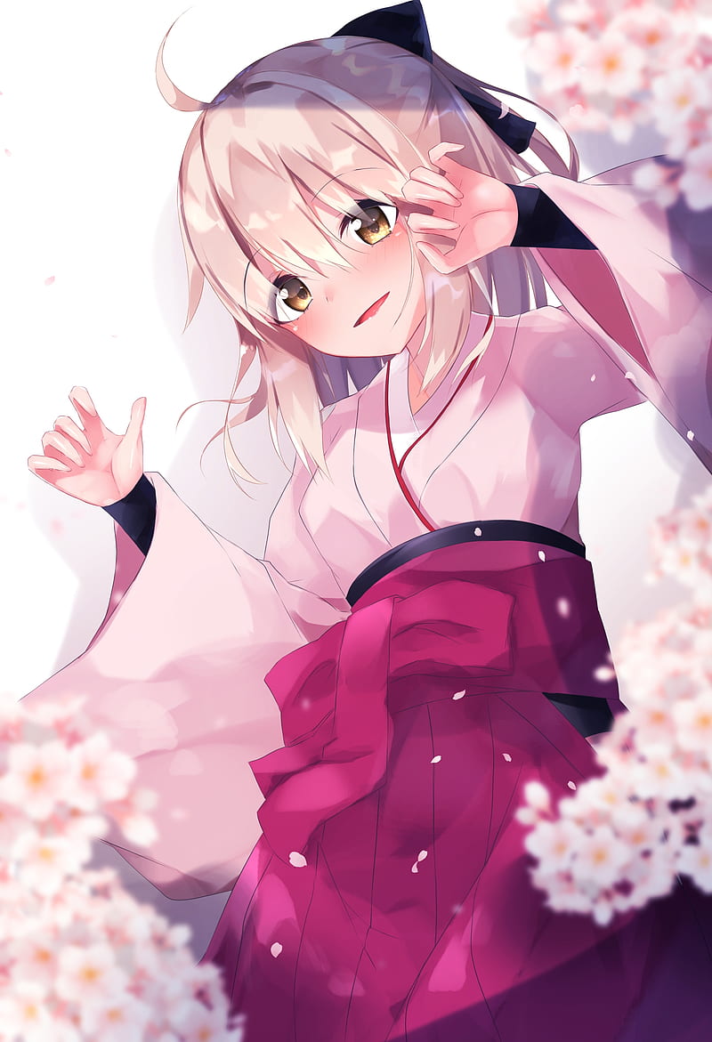 sakura saber, fate grand order, cherry blossom, japanese clothes, Anime, HD phone wallpaper