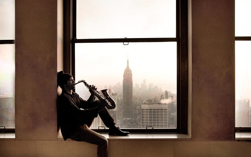Jazz, New York, Window, Saxophone, HD wallpaper