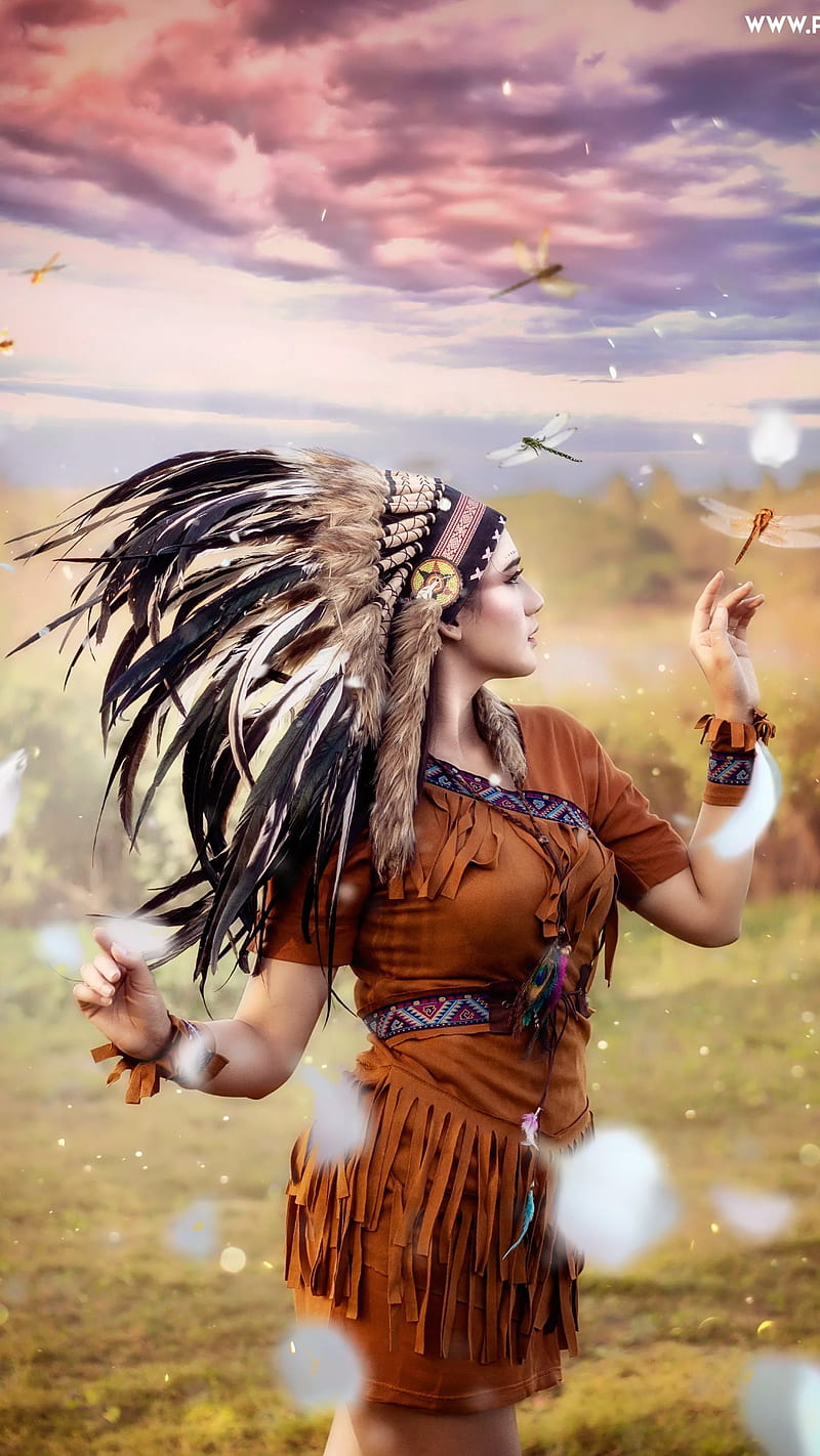 Native Indian, 3d, dragon flies, female, girl, native american, pretty, HD phone wallpaper