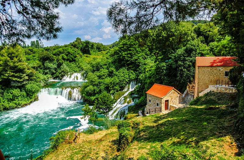 Krka national park-Croatia, shore, cottages, grass, bonito, national park, waterfall, river, rest, forest, vacation, lovely, view, houses, greenery, Croatia, emerald, sky, trees, water, slope, summer, HD wallpaper
