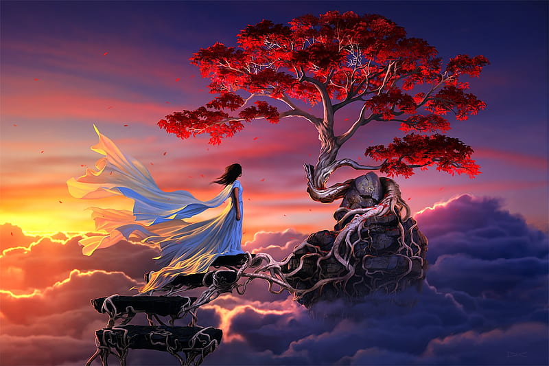 Tree in the sky, girl, daniel conway, pink, sky, blue, cloud, luminos, sunset, tree, fantasy, HD wallpaper