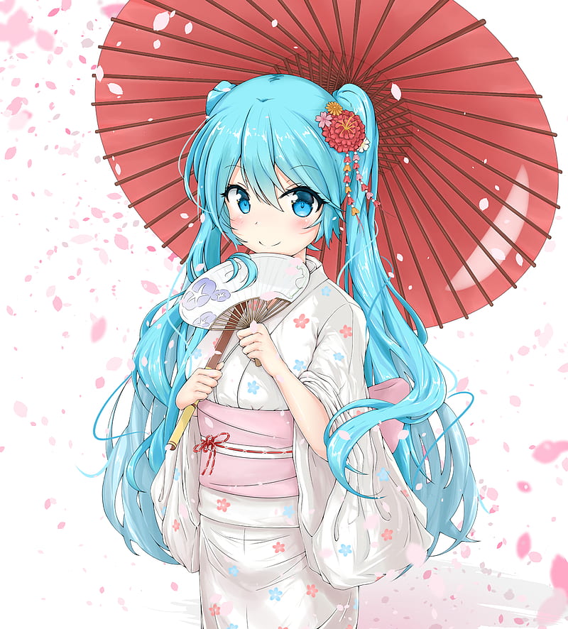 hatsune miku, kimono, umbrella, vocaloid, twintails, aqua hair, fan, Anime, HD phone wallpaper