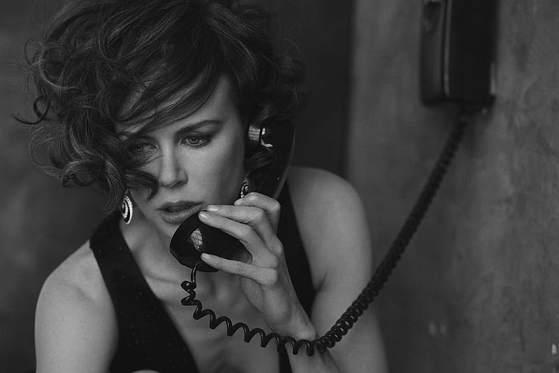 Nicole Kidman, model, black, white, girl, actress, phone, woman, HD wallpaper