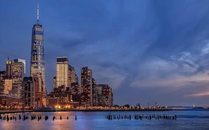 New York, Manhattan, World Trade Center 1, modern skyscraper, night, skyline, cityscape, city lights, Battery Park City, USA, Hudson River, NYC, HD wallpaper