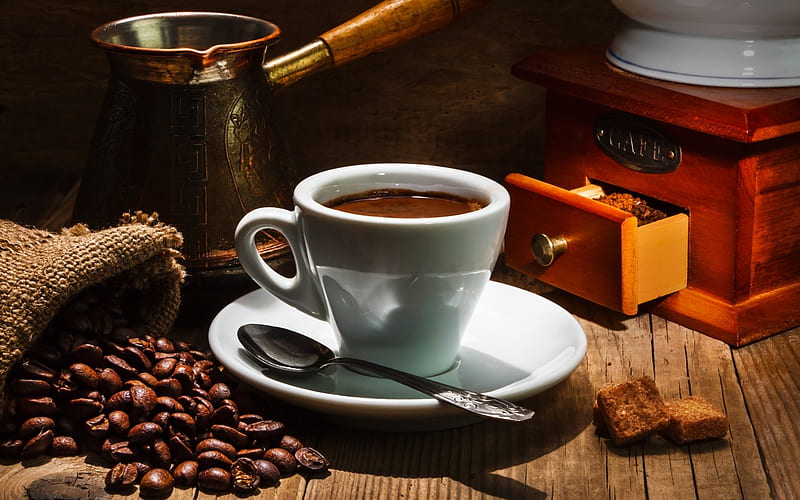 Coffee, cup, coffee-beans, teaspoon, HD wallpaper