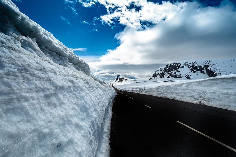 road, snow, mountains, snowdrifts, winter, HD wallpaper