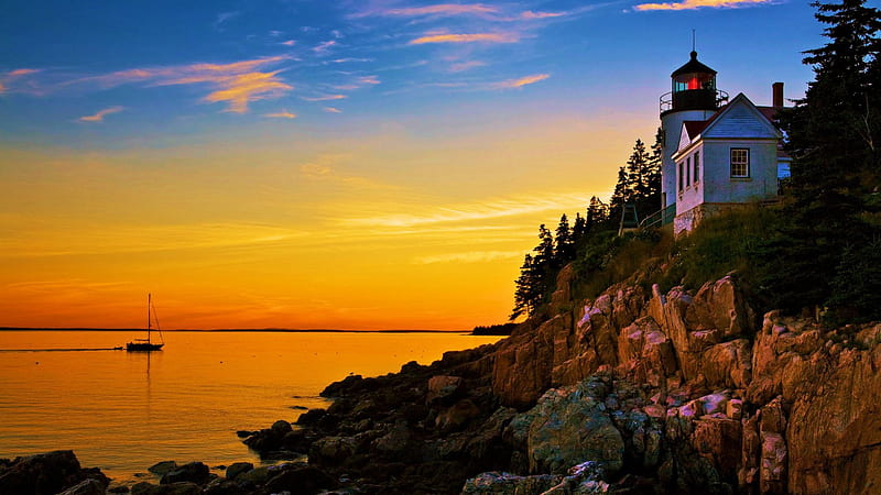 Bass Harbor Light, Acadia National Park, boat, colors, cliff, sunset, trees, lighthouse, HD wallpaper