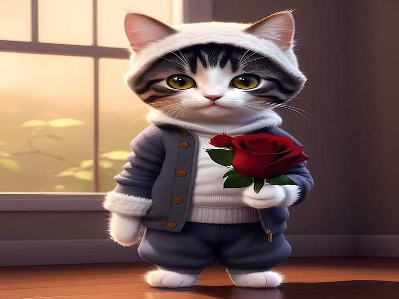 Cat and red rose, rose, cats, romantic, red, HD wallpaper | Peakpx