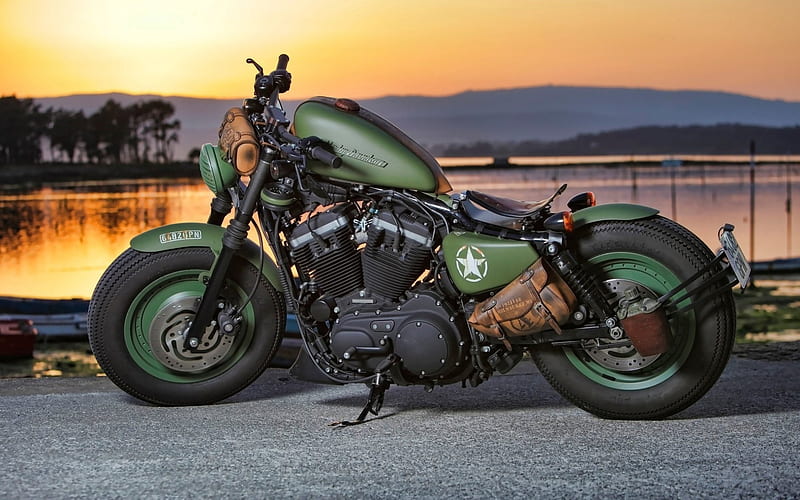 Harley-Davidson Sportster, sunset, military motorcycle, custom bikes, Harley-Davidson, HD wallpaper