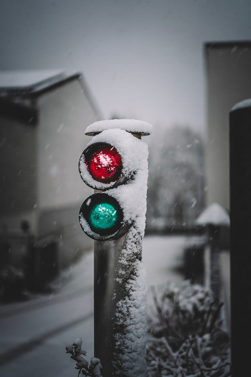 traffic light, sign, red, glow, snow, HD phone wallpaper