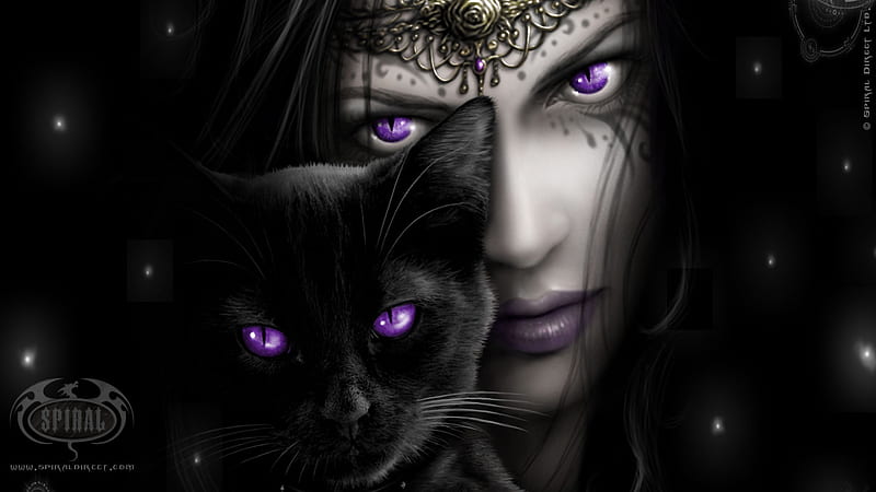 Girl And A Black Cat With Purple Eyes In Black Background Purple, HD wallpaper