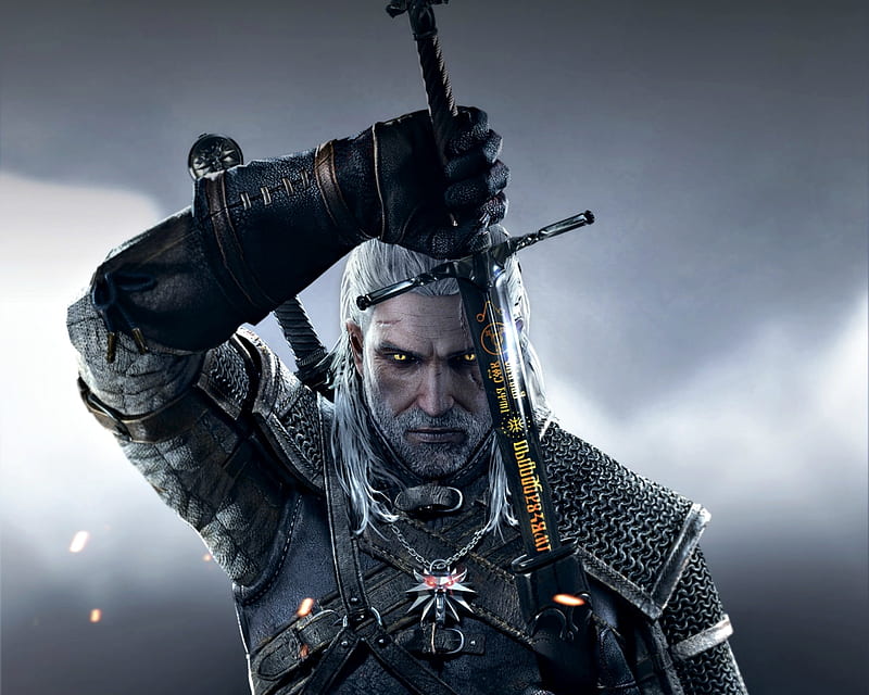 Geralt, fantasy, luminos, the witcher, game, black, man, sword, HD ...
