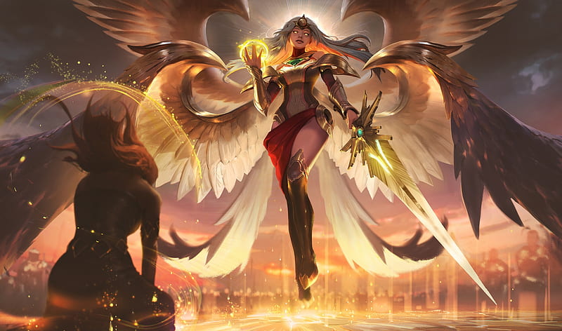 Transcended, wings, girl, sword, powerful, fantasy, magical, HD wallpaper