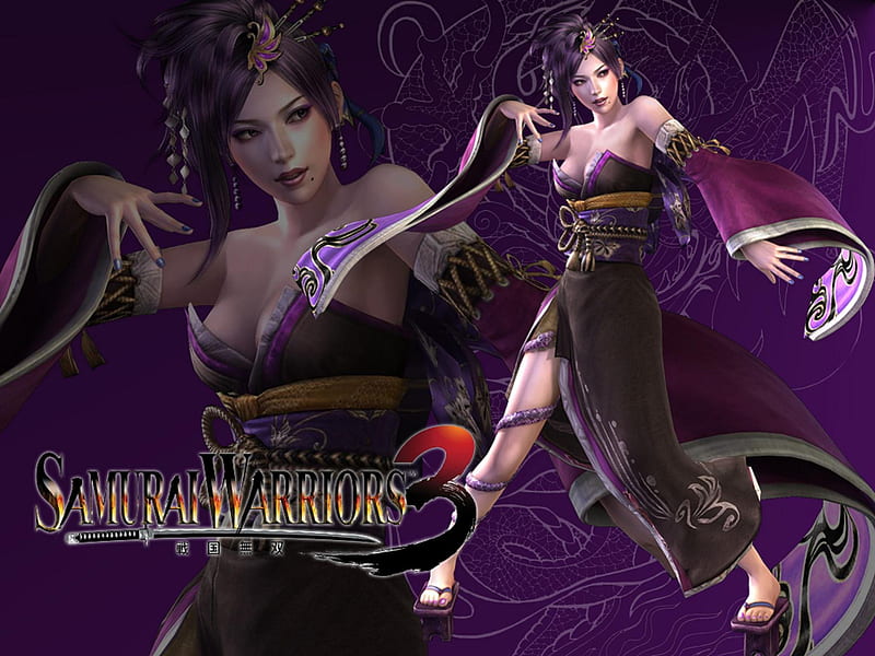 Nouhime, purple background, games, female, purple hair, video games, kimono, sengoku basara, samurai warriors, sengoku musou, anime, lone, HD wallpaper