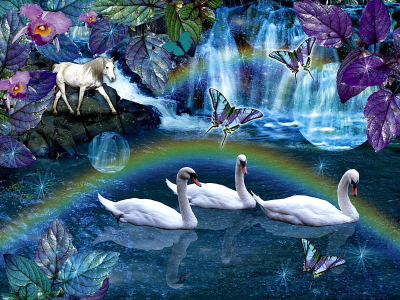 SWAN DAYDREAM, pond, waterfall, rainbow, butterflies, reflection, horse, swans, HD wallpaper