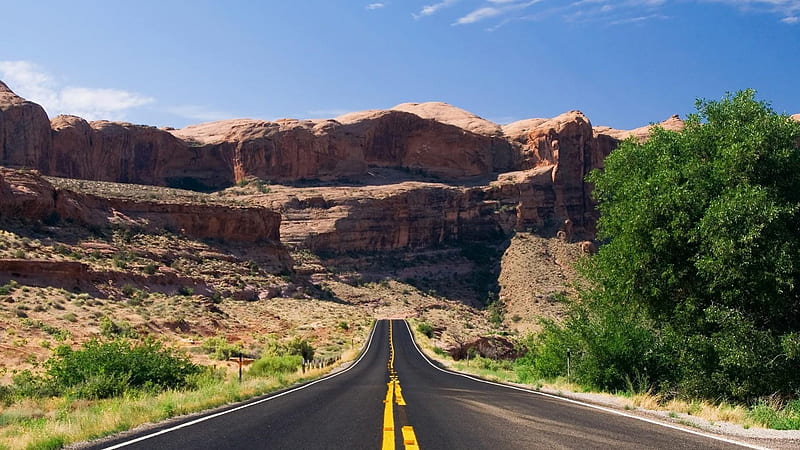 the end of the road, blacktop, tree, desert, cliff, road, HD wallpaper