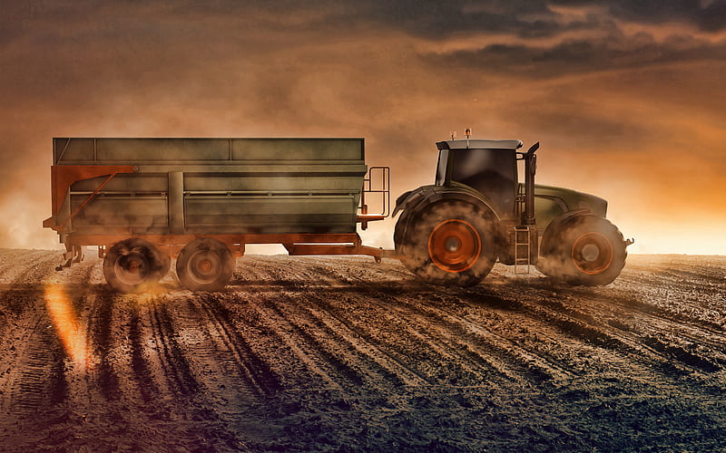 harvesting concepts, tractor with trailer, evening, sunset, tractor on the field, modern tractors, harvesting, HD wallpaper