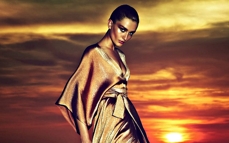Andreea Diaconu, red, model, orange, romanian, sunset, sky, woman, girl, HD wallpaper