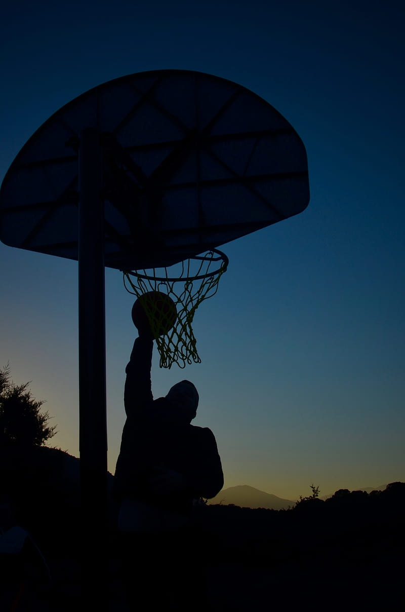 basketball, basketball hoop, basketball player, ball, jump, silhouettes, dark, HD phone wallpaper