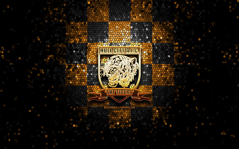 Hull City FC, glitter logo, EFL Championship, yellow black checkered background, soccer, english football club, Hull City FC logo, mosaic art, football, Hull City AFC, HD wallpaper