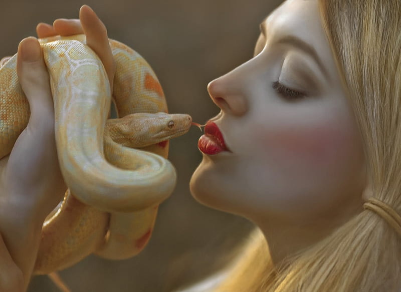 Kissing temptation, red, model, yellow, blonde, serpent, woman, lips, kiss, girl, face, temptation, agnieszka lorek, snake, HD wallpaper