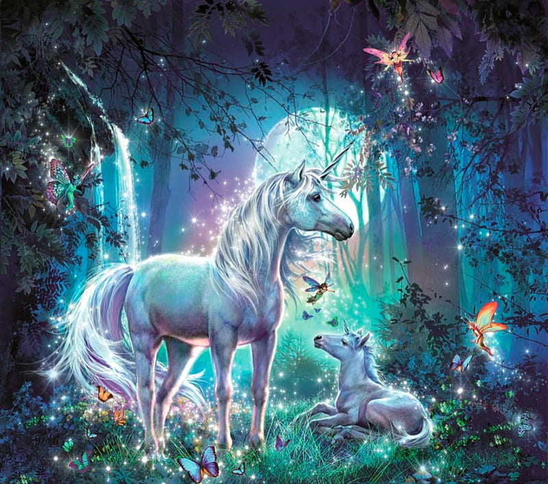 Unicorns and fairies, moon, luminos, unicorn, horse, mother, baby, fantasy, moon, fairy, blue, night, HD wallpaper