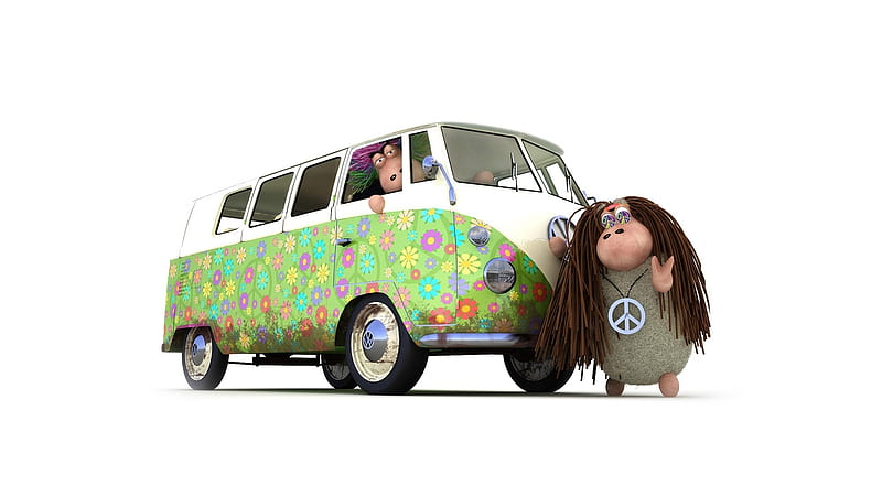 Hippie Van w/Some Cool Dudes 8), Volkswagen, Hippie, Sheep, Flowers, Dudes, Van, HD wallpaper