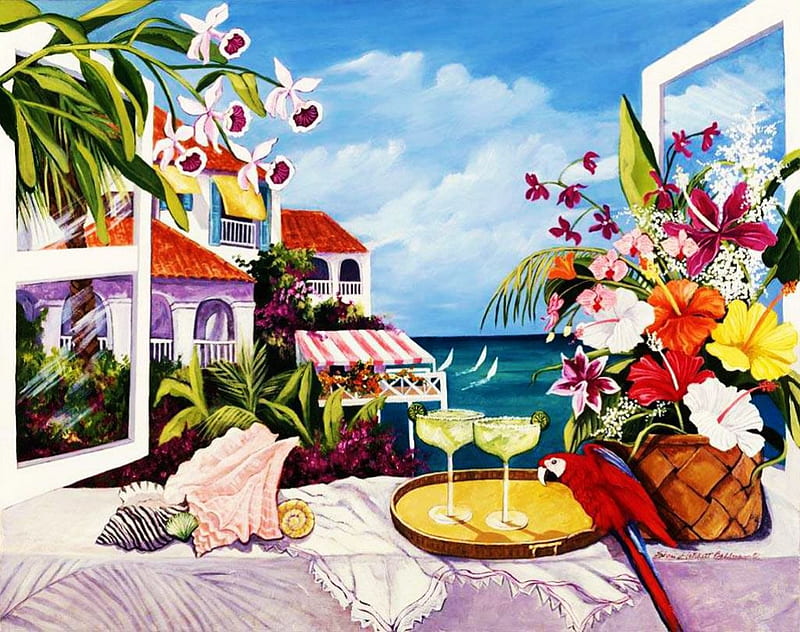 Summer Cocktails, veranda, house, glasses, flowers, artwork, sea, HD wallpaper