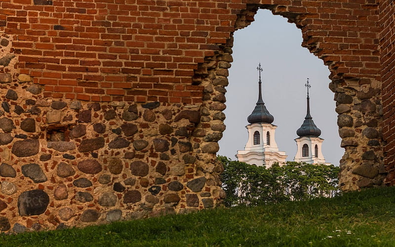 Castle Ruins and Church, Latvia, ruins, wall, church, castle, HD wallpaper