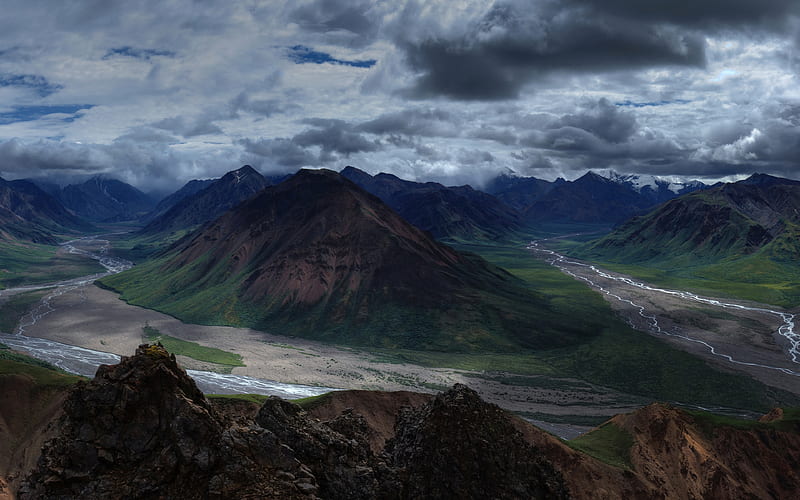 Denali National Park river, clouds, summer, mountains, Alaska, USA, America, HD wallpaper