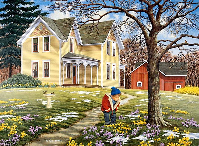 John Sloane. Looking for spring, house, boy, painting, nature, John Sloane, HD wallpaper