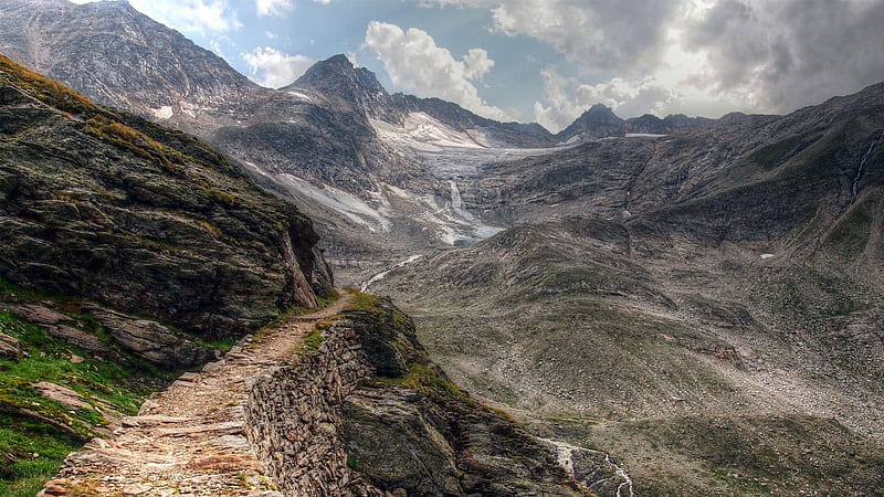 rocky path on a mountainside, rocks, path, clouds, mountains, HD wallpaper