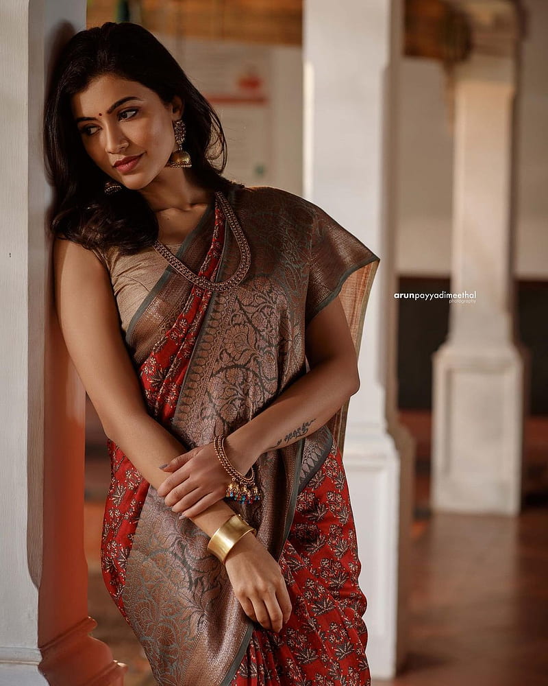 anju kurian, sari, flash graphy, HD phone wallpaper
