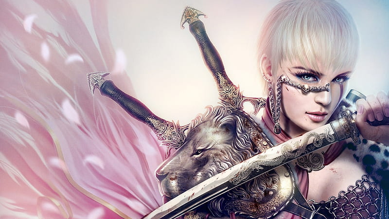 Beautiful Warrior, lovely, blonde, bonito, fantasy, warrior, lion vest, eyes, pink, sword, HD wallpaper
