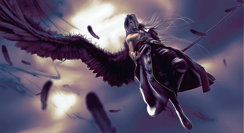 One Winged Angel, green eyes, final, wing, fantasy, final fantasy, weapon, long hair, sword, soldier, man, sky, storm, violet, cloudy, jenova, guy, final fantasy 7, boots, video game, power, winged, darkness, fierce, feathers, sephiroth, smirk, 1st class, angel, music, one, coat, katana, dark, strong, silver hair, subject, crisis core, HD wallpaper