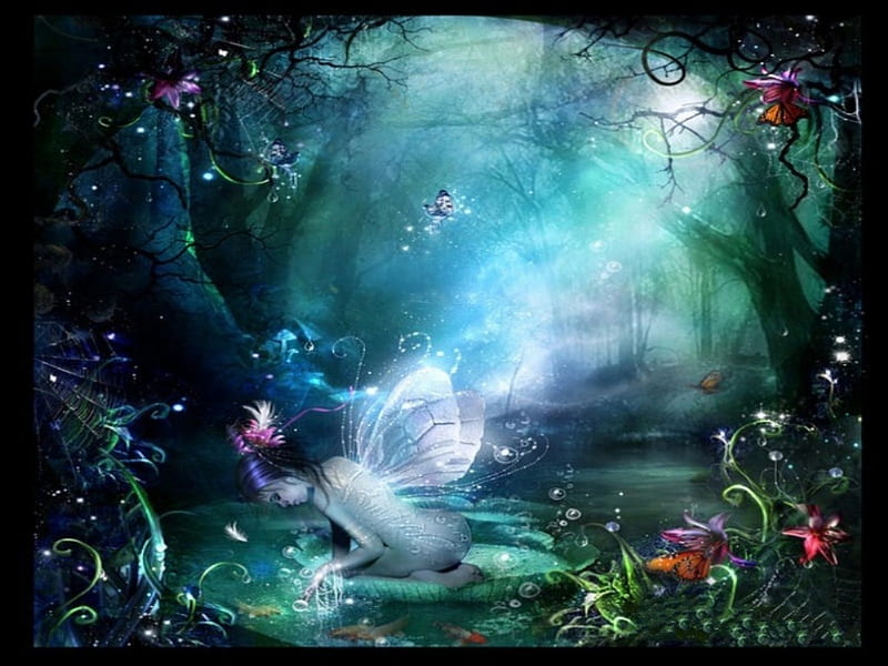 BUTTERFLY FAIRY, forest, butterflies, green, fairy, HD wallpaper