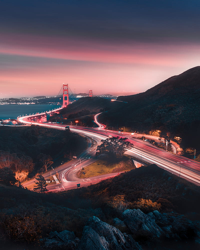 bridge, road, winding, evening, glow, HD phone wallpaper