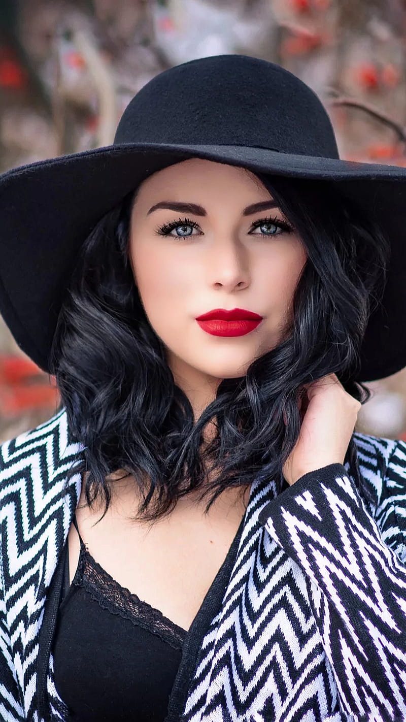 Beauty, bonito, confident, face, fashion, gorgeous, hat, red lips, woman, HD phone wallpaper