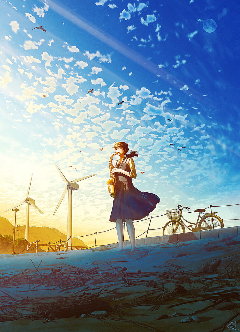 anime, anime girls, digital art, artwork, 2D, portrait display, vertical, Mocha, saxophones, bicycle, windmill, sky, HD phone wallpaper