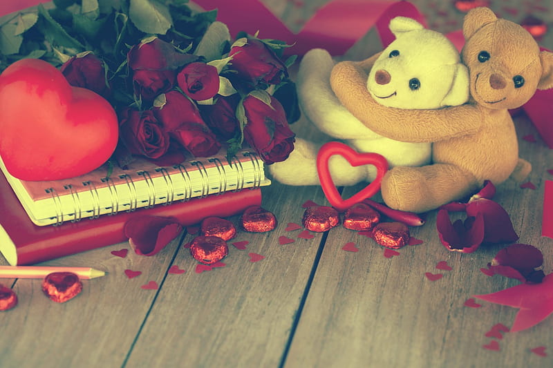 With Love, valentines day, teddy bears, rose, flowers, roses, for you, toys, HD wallpaper