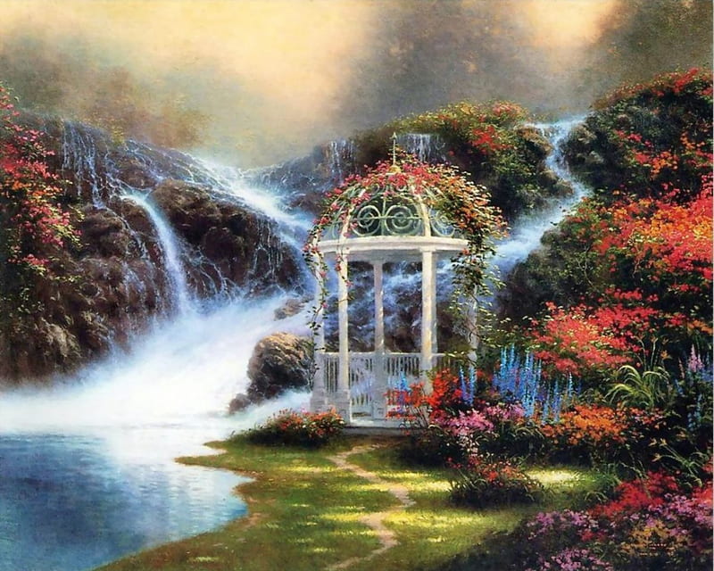 Gazebo Garden, art, flowers, waterfall, garden, gazebo, thomas kinkade, HD wallpaper
