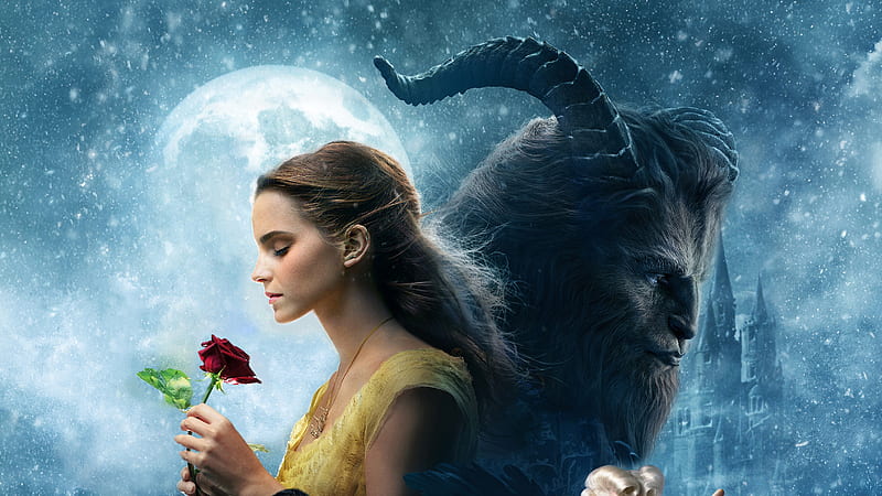 Beauty and the Beast 2017, poster, red, beauty and the beast, moon, movie, rose, woman, Emma Watson, horns, fantasy, moon, actress, flower, couple, disney, blue, HD wallpaper