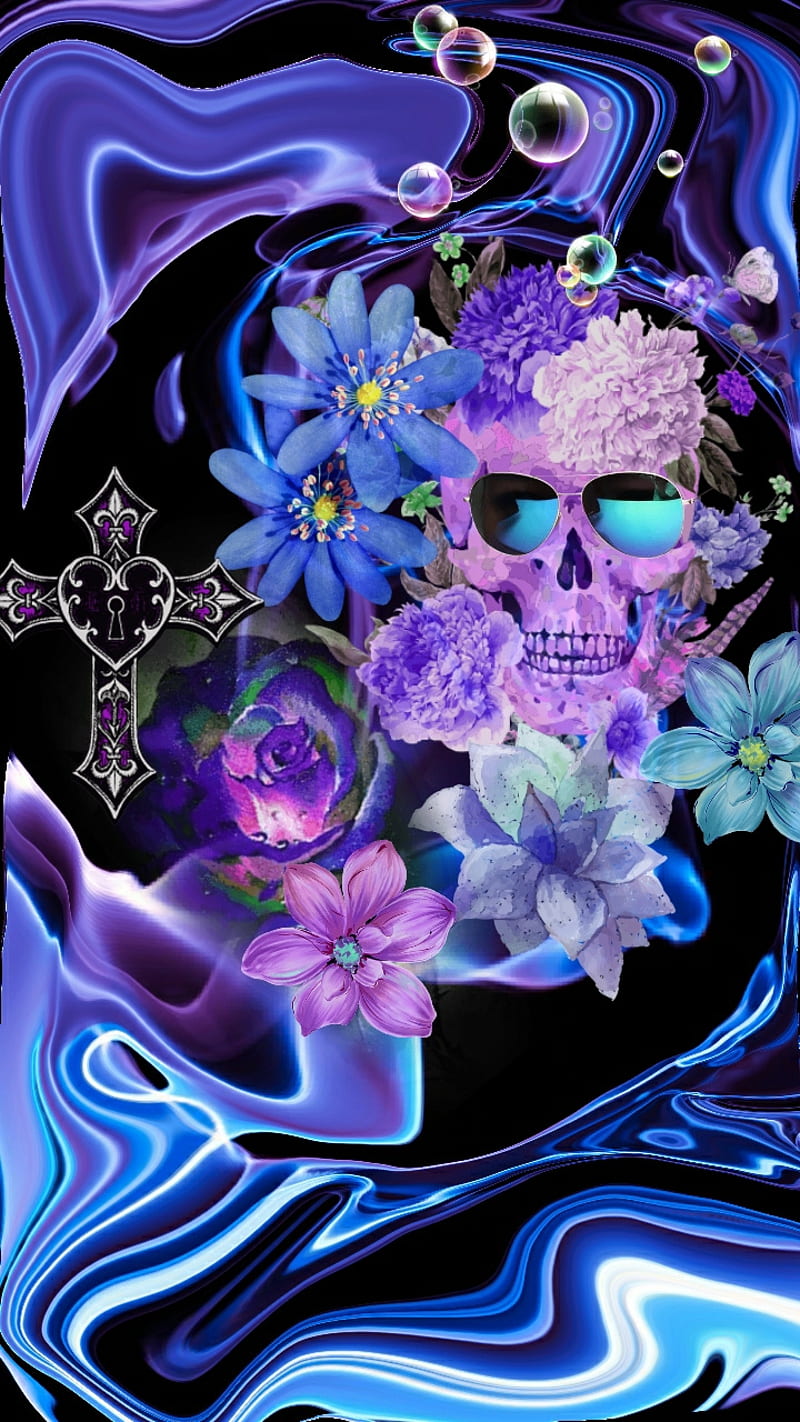 Blue Lagoon, blue, bubbles, cross, death, flowers, love, neon, skull, smoke, sugar, HD phone wallpaper