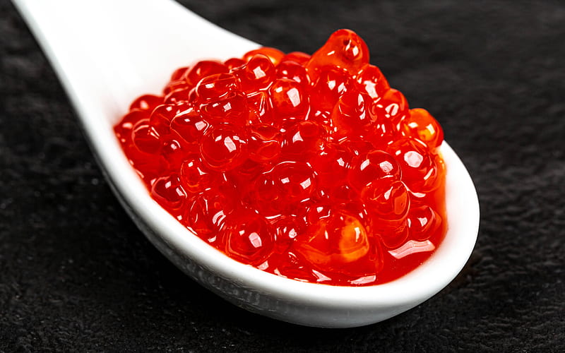 red caviar, spoon with red caviar, fish dishes, appetizer, caviar, HD wallpaper