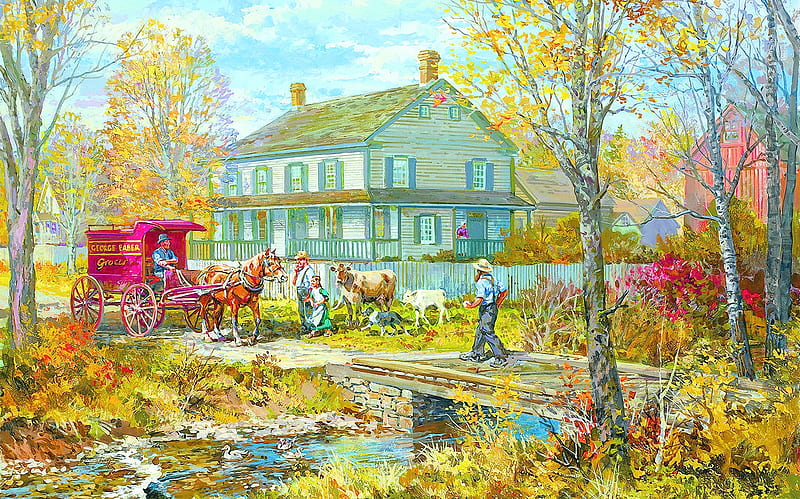 Autumn at the Schneider House, coach, horse, trees, cow, cottage, colors, calf, artwork, leaves, bridge, people, painting, river, dog, HD wallpaper