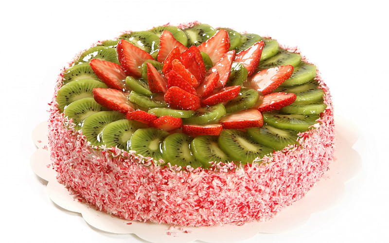 Cake, food, kiwi, sweet, dessert, green, red fruit, strawberry pink, white, HD wallpaper